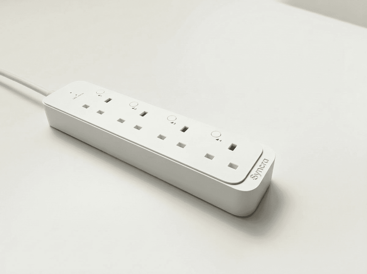 Syncra Smart Power Strip, sleek white multi-outlet strip with per-socket controls